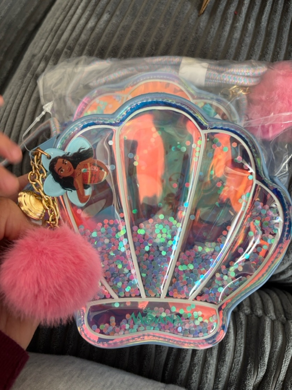 Disney Iridescent Shell Crossbody Bag with Pink Pom Pom